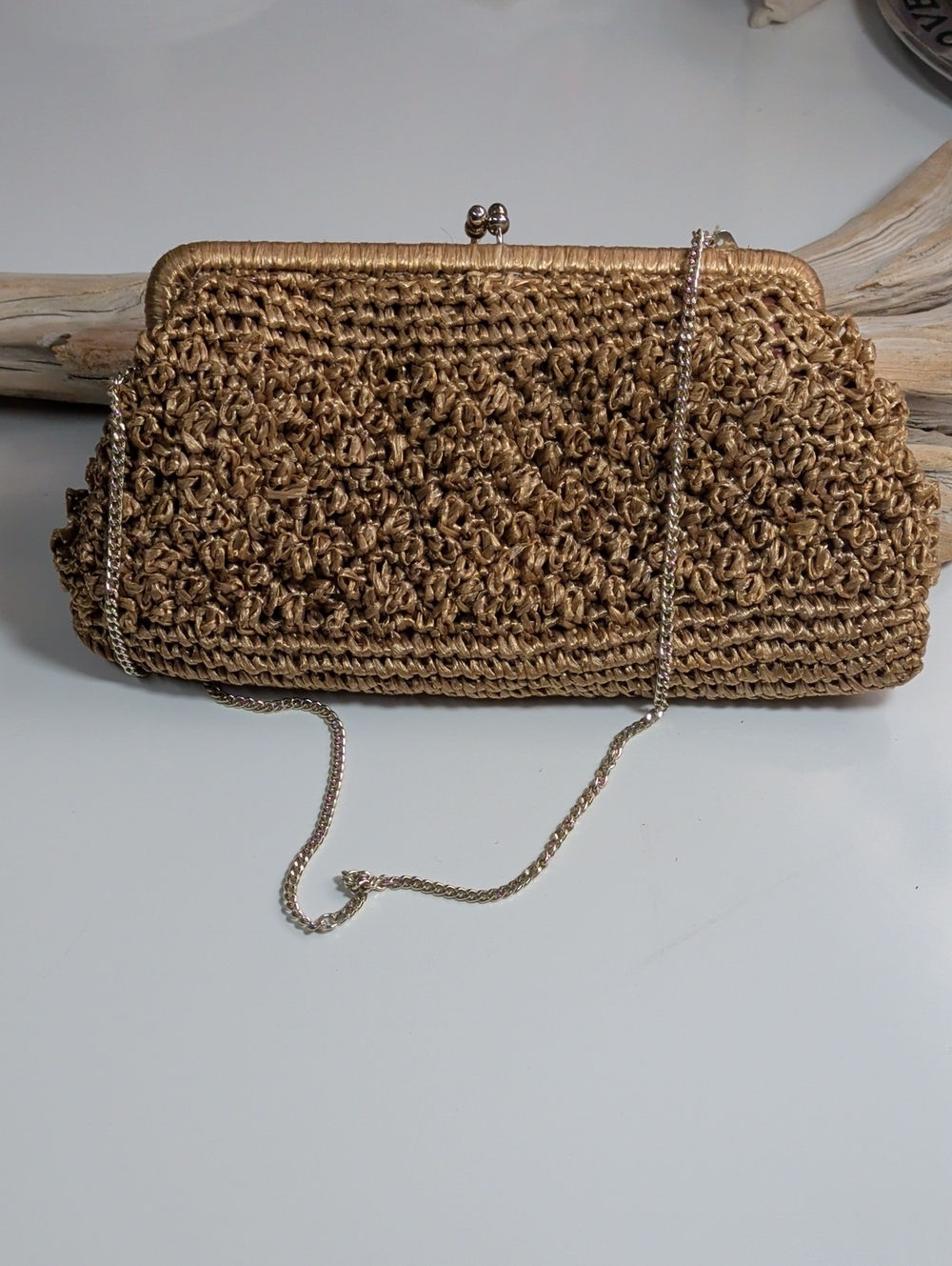 Vintage 1950s/60s Woven Metallic Gold Evening Clutch with Chain Strap